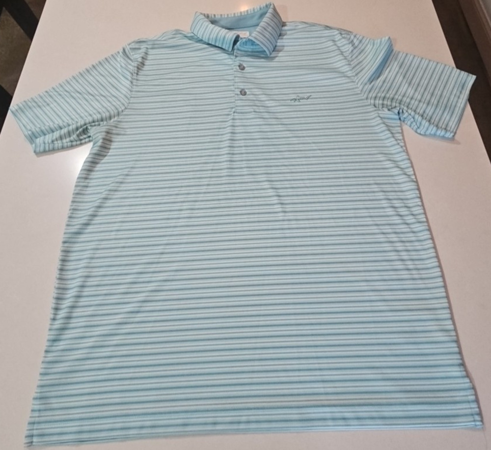 Greg Norman Men’s Play Dry Blue Striped Fish Print Polo Golf Shirt Size Large